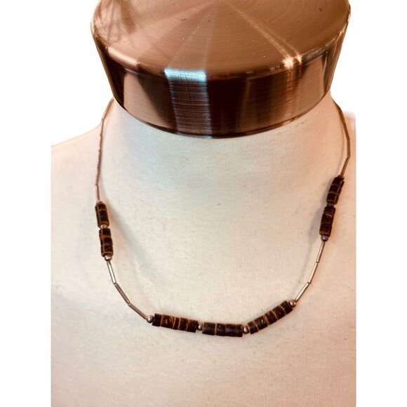 Vintage Silvertone Bead Brown Necklace 18" Barrel Clasp Screw Closure - Picture 1 of 13